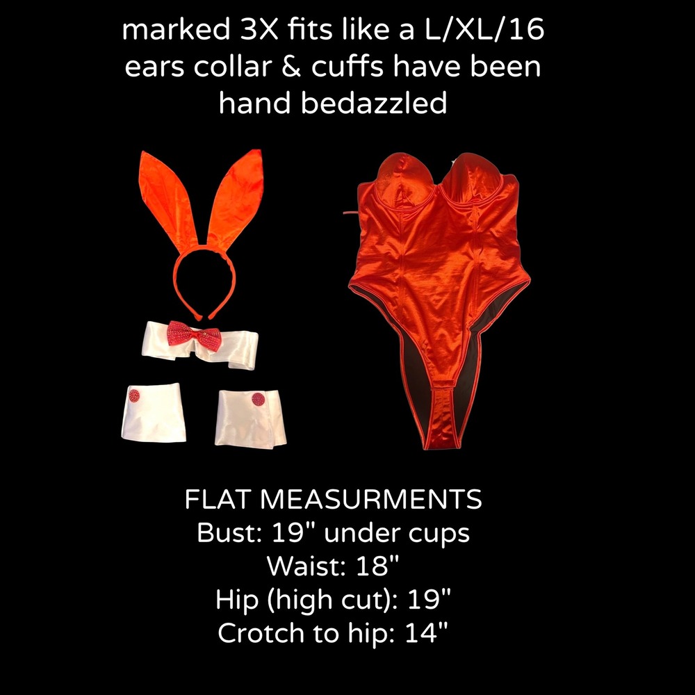 Red Satin Playboy Style Bunny Costume Set Bedazzled Ears Collar Cuffs Plus Size - Picture 6 of 7